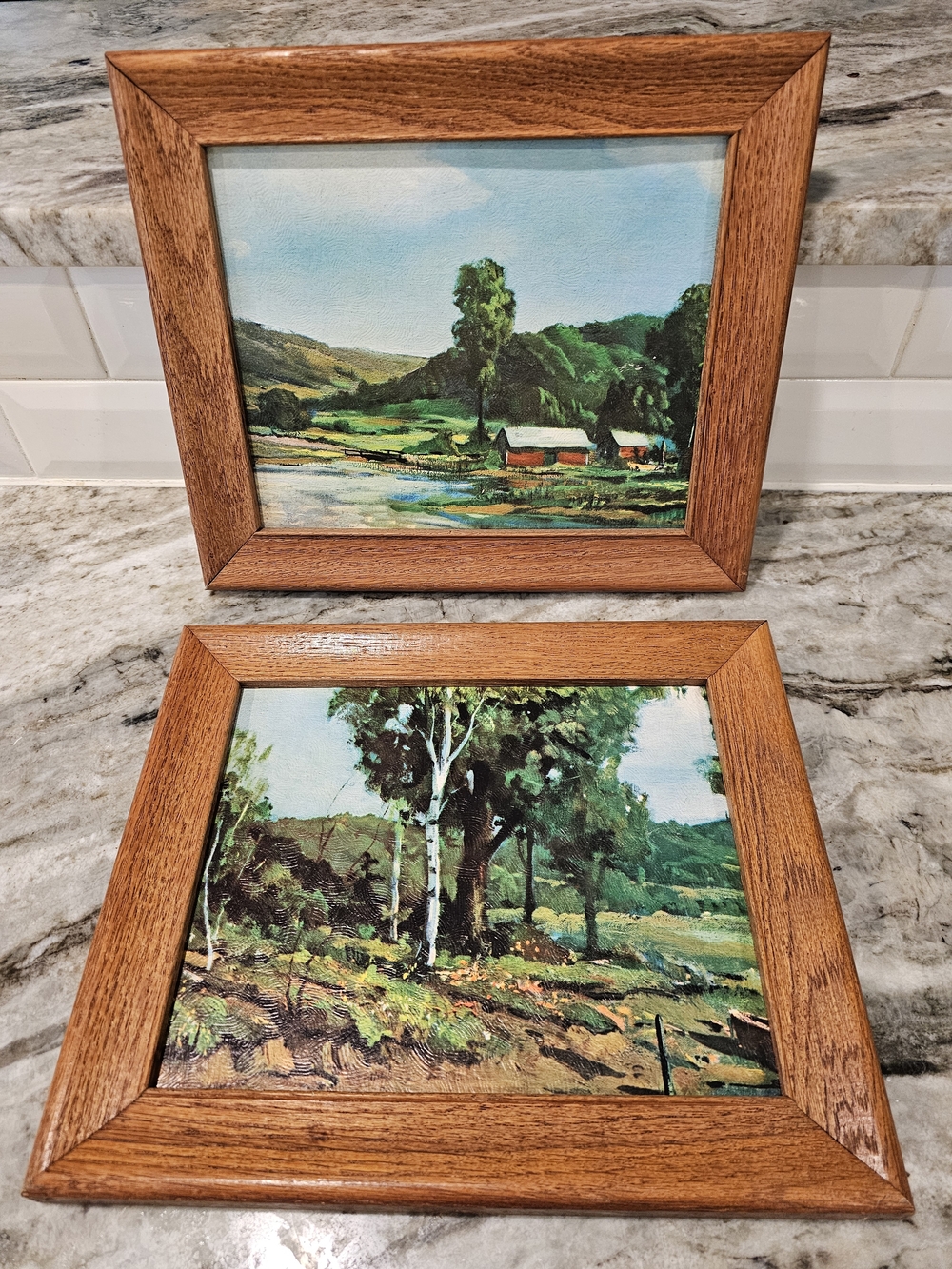 Vtge 1970 Wooden Framed  Litography  Art Pair -Lanscape  Green Country Cottage,